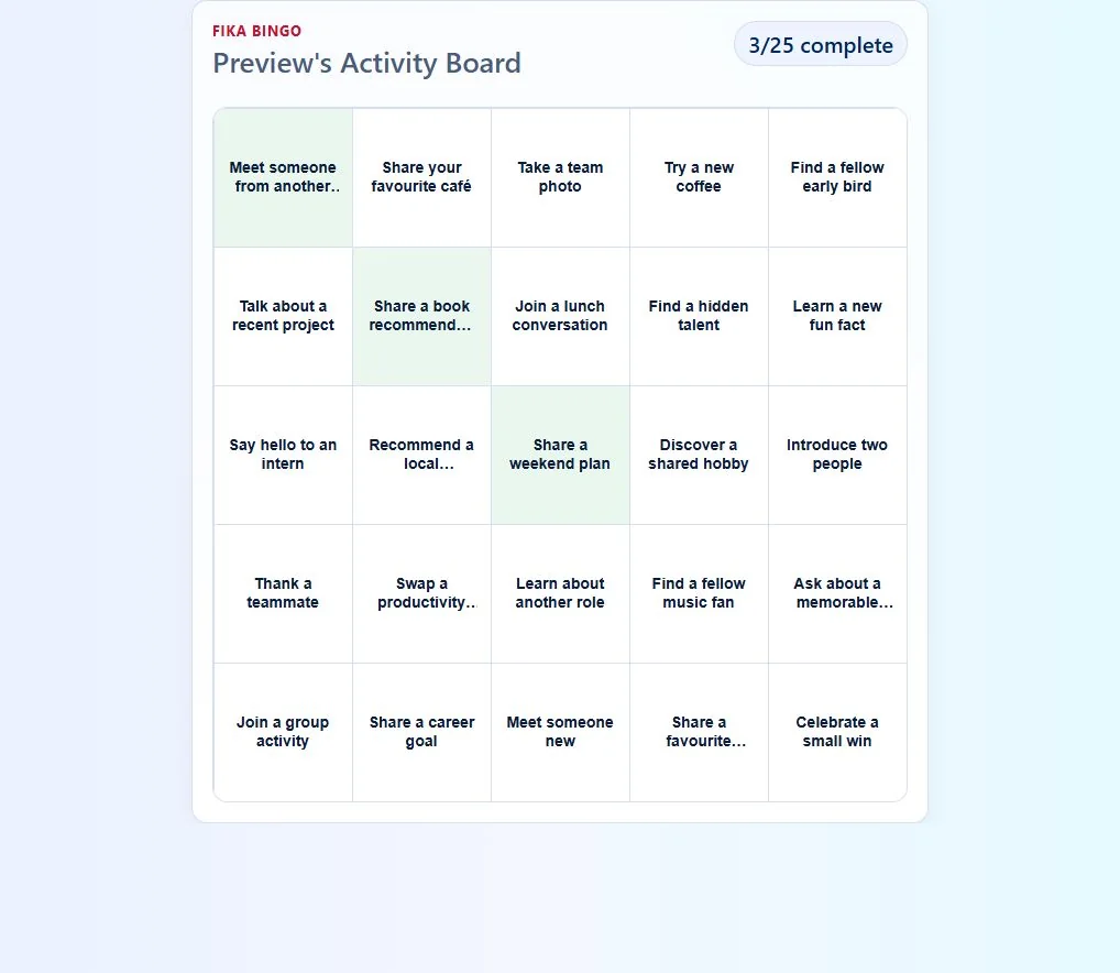 Fika activity board showing networking tasks and completion progress with sample data